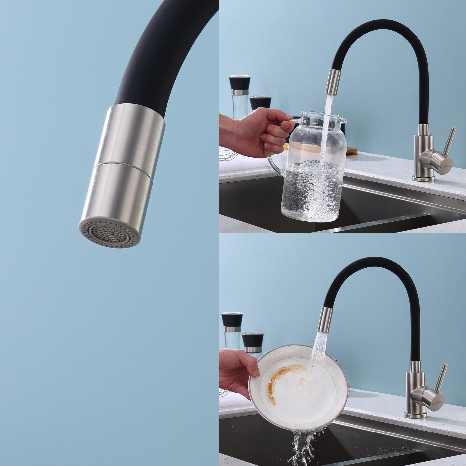 Robinet Cuisine Noir Acier Inoxydable Pivotant 360° 2 Jets Mitigeur Évier
