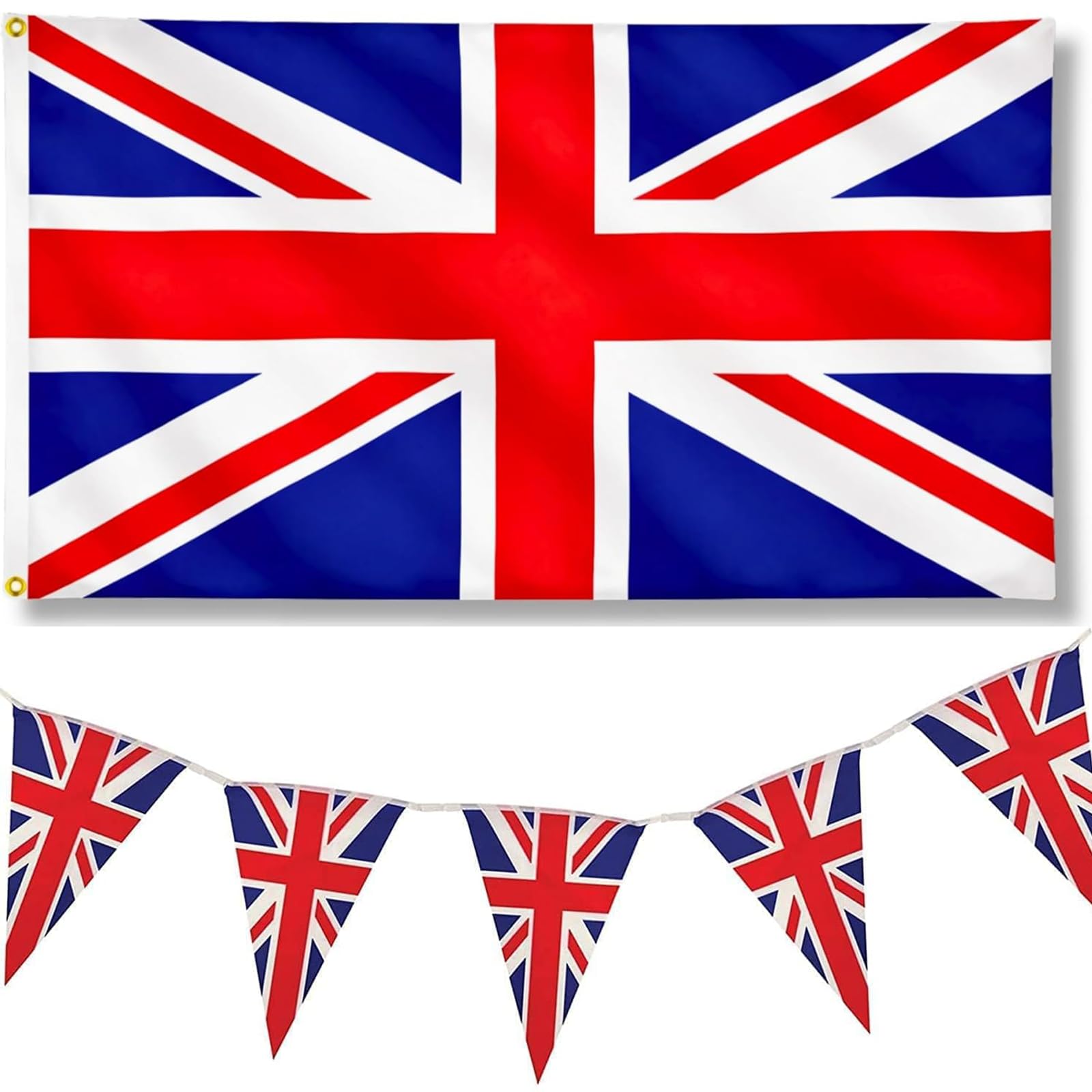 2-Piece Set Union Jack Flag 5x3FT 90x150cm & UK Bunting Triangle Flags