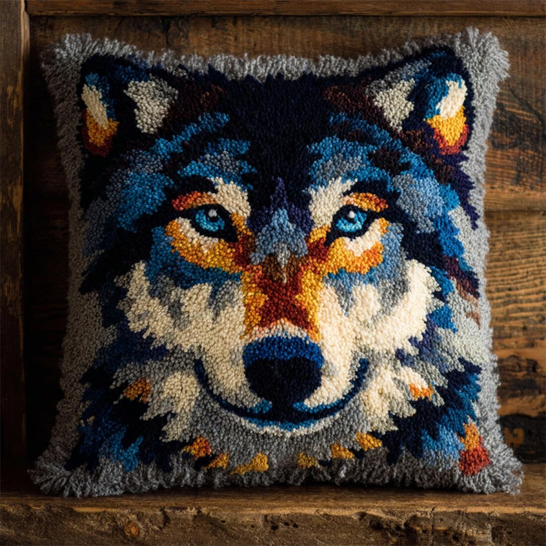 Kitquiver Animal Latch Hook Cushion Kits Cartoon Wolf Cross Stitch Pillowcase Making Kits,DIY Latch Hook Rug Kit Embroidery 17x17In