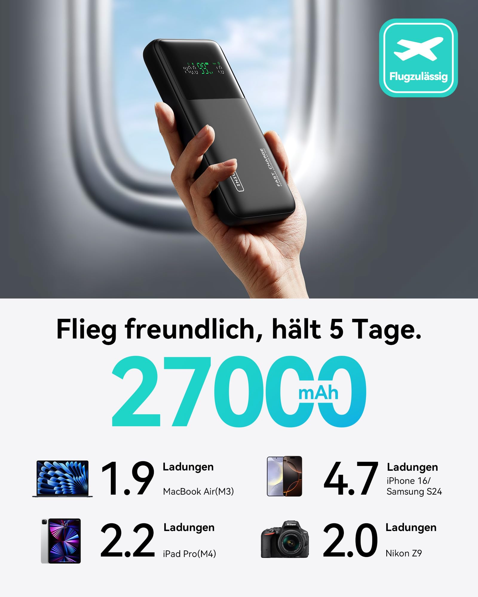 INIU 140W Laptop Powerbank, 27000mAh Flugzeug-geeignet Hochkapazität USB C Powerbank mit Kabel & Display, 3-Port Schnelllade Externe Akku für MacBook Steam Deck iPhone iPad iPhone Samsung Travel