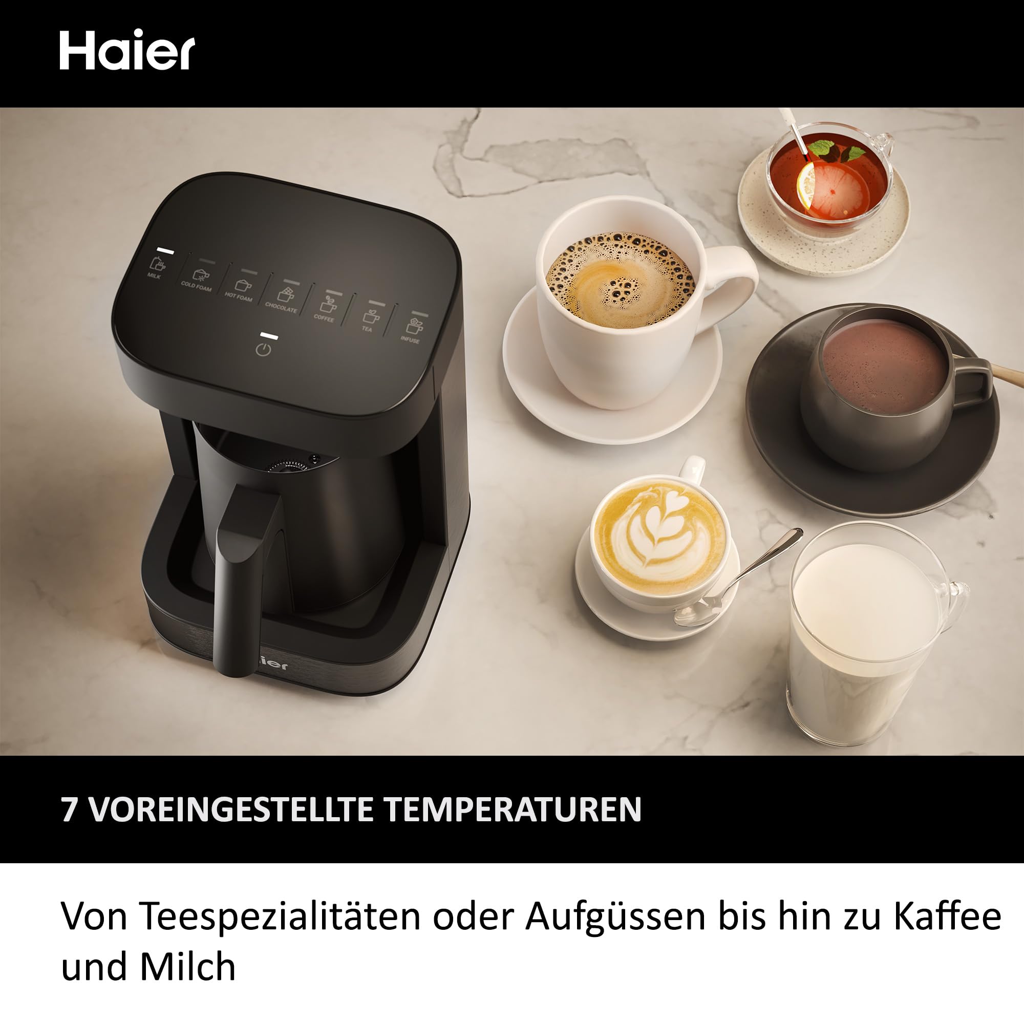 Haier Teekocher & Milchaufschäumer in einem I Multi-Getränke Zubereiter mit integrierter Teemaschine & Milchschäumer I Viele Programme für Kaffee, Heiße Schokolade, Tee & Aufguss [Serie 5 - HMB5A]