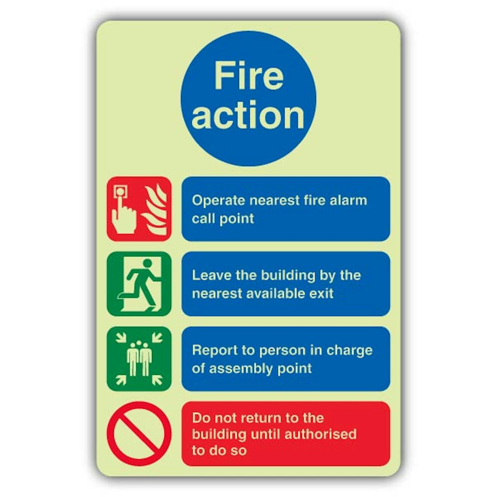 V Safety - Señal de alarma contra incendios que brilla en la oscuridad de 4 puntos, 300 x 450 mm, hecha de plástico rígido de triple brillo, señalización de seguridad contra incendios, fabricada en