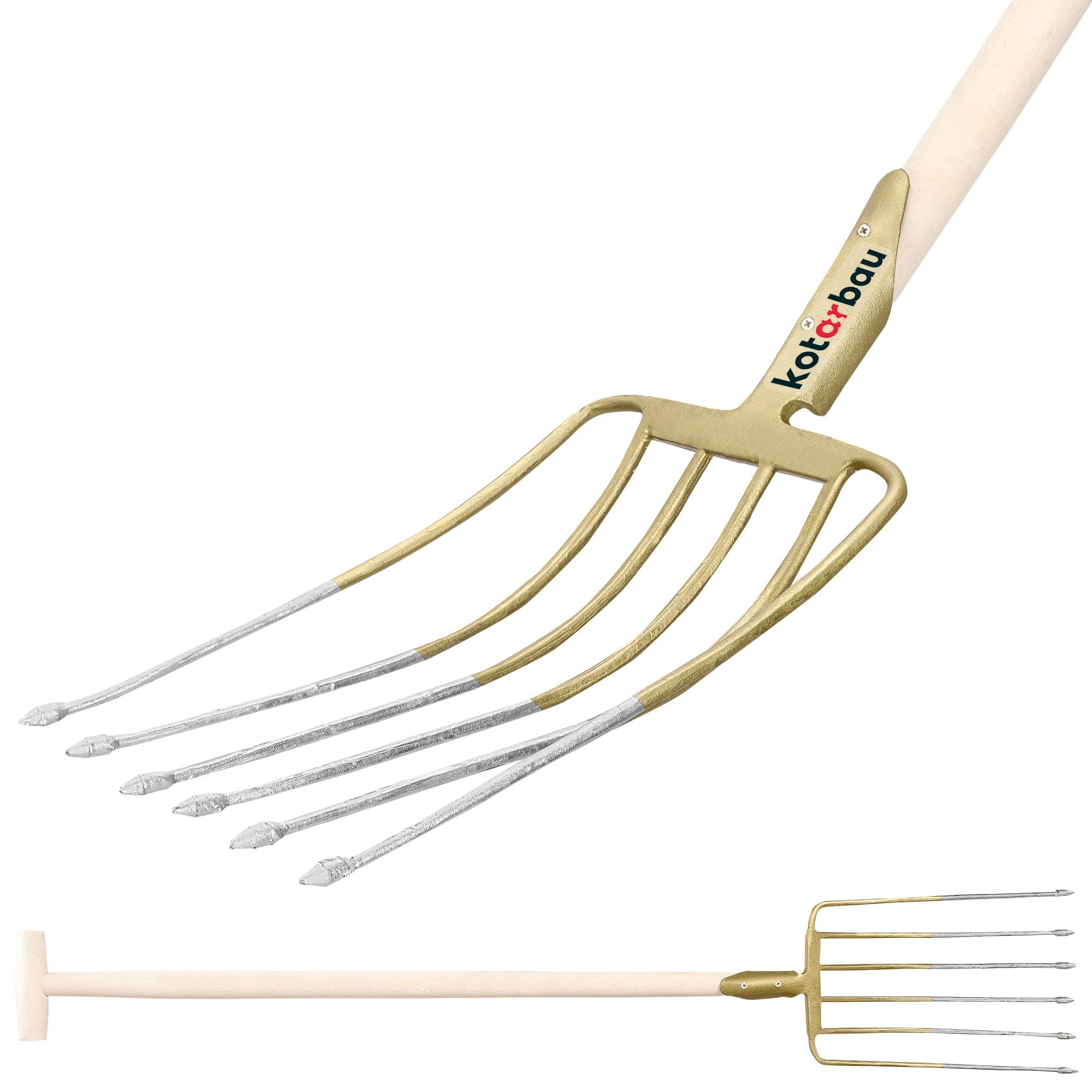 KOTARBAU® Fork 6 Barbs with Handle Garden Fork Manure Fork Garden Spade Fork Wire Fork for Garden and Agriculture, Gold/silver