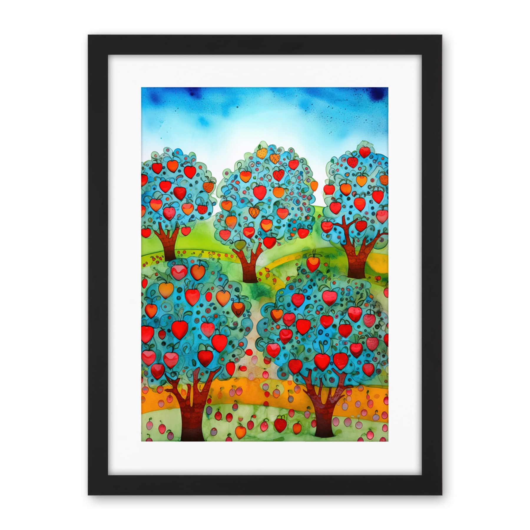 Artery8 Apple Orchard Trees Ready For Harvest Folk Art Landscape Watercolour Painting Artwork Framed Wall Art Print 18X24 Inch