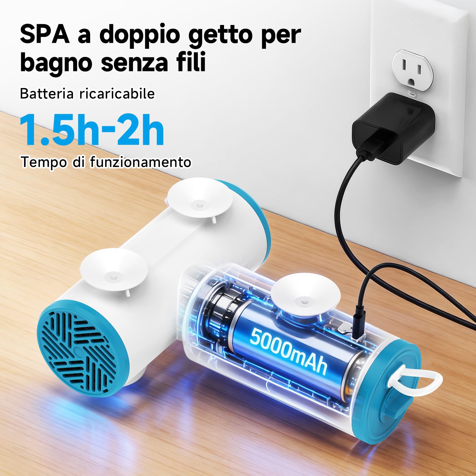 vasca idromassaggio,idromassaggio per vasca da bagno portatile con doppio getto,flusso d'acqua a 3 stadi, batteria wireless da 5000 mAh, accessori da bagno per donne, uomini