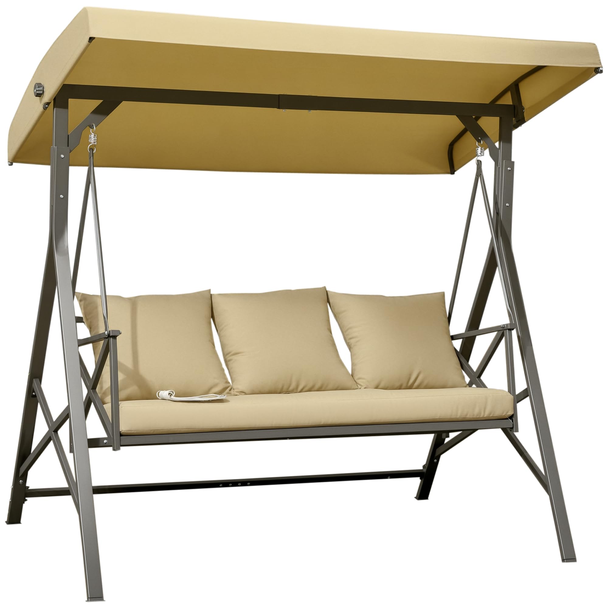 Outsunny Dondolo da Giardino 3 Posti in Acciaio e Poliestere con Tettuccio Inclinabile e Cuscini per Seduta e Schienale, 190x120x178 cm, Marrone e Kaki