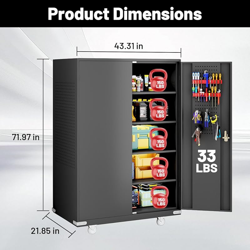 72"H x 43"W x 22"D Upgraded Wide & Deep Metal Garage Storage Cabinet Tool Rolling Garage Cabinets with Doors, Adjustable Shelves Wheels & Pegboards for Office, Warehouse, Garage, Gym, Workshop