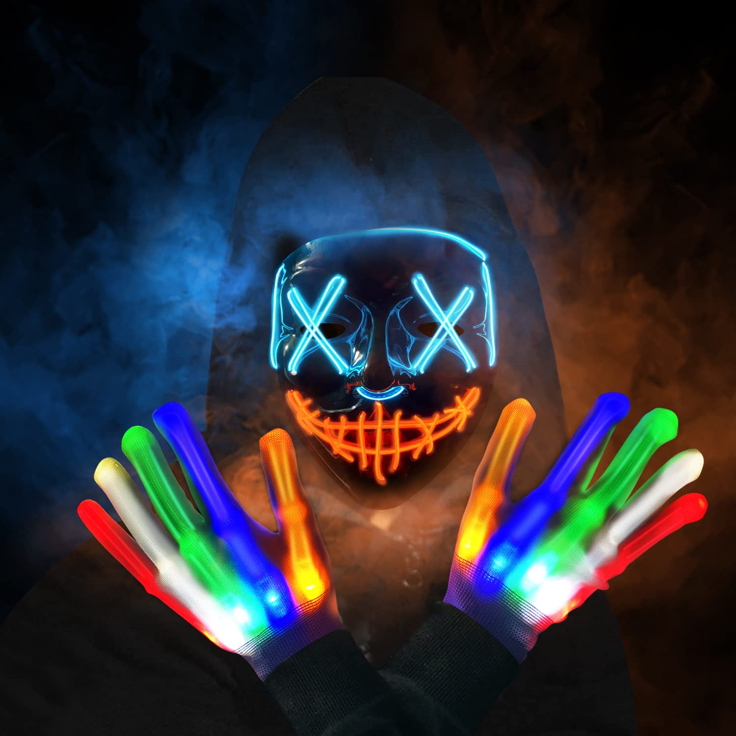 MSDADA Halloween Mask Scary LED Purge Mask with Gloves Light Up Mask Personalised LED Face Mask Costume with 3 Lighting Modes Face Masks for Men Women Kids Cosplay Party Festival Gifts