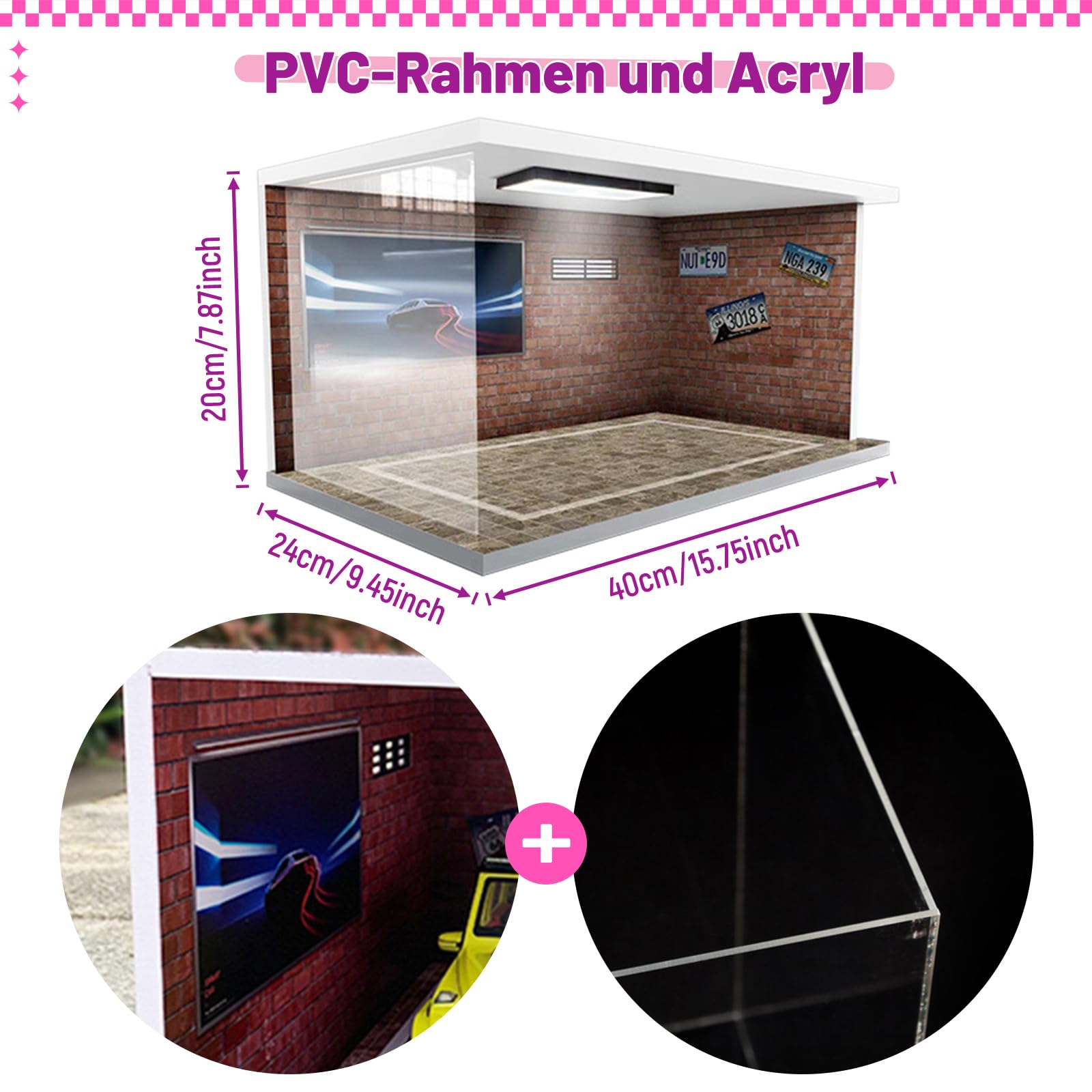Harilla 1/18 Garage Diecast Vitrine Acryl mit Lichtern Staubdichte Mini Diecast Auto Aufbewahrungsboxen für Die Modellsammlung, Spielzeugautos, Reparaturwerkstatt