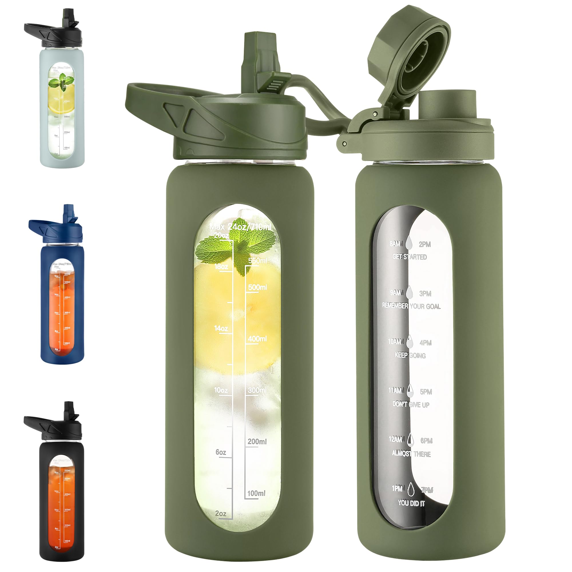 CIVAGO 24 oz Glass Water Bottle with Straw, Large Motivational Water Jug