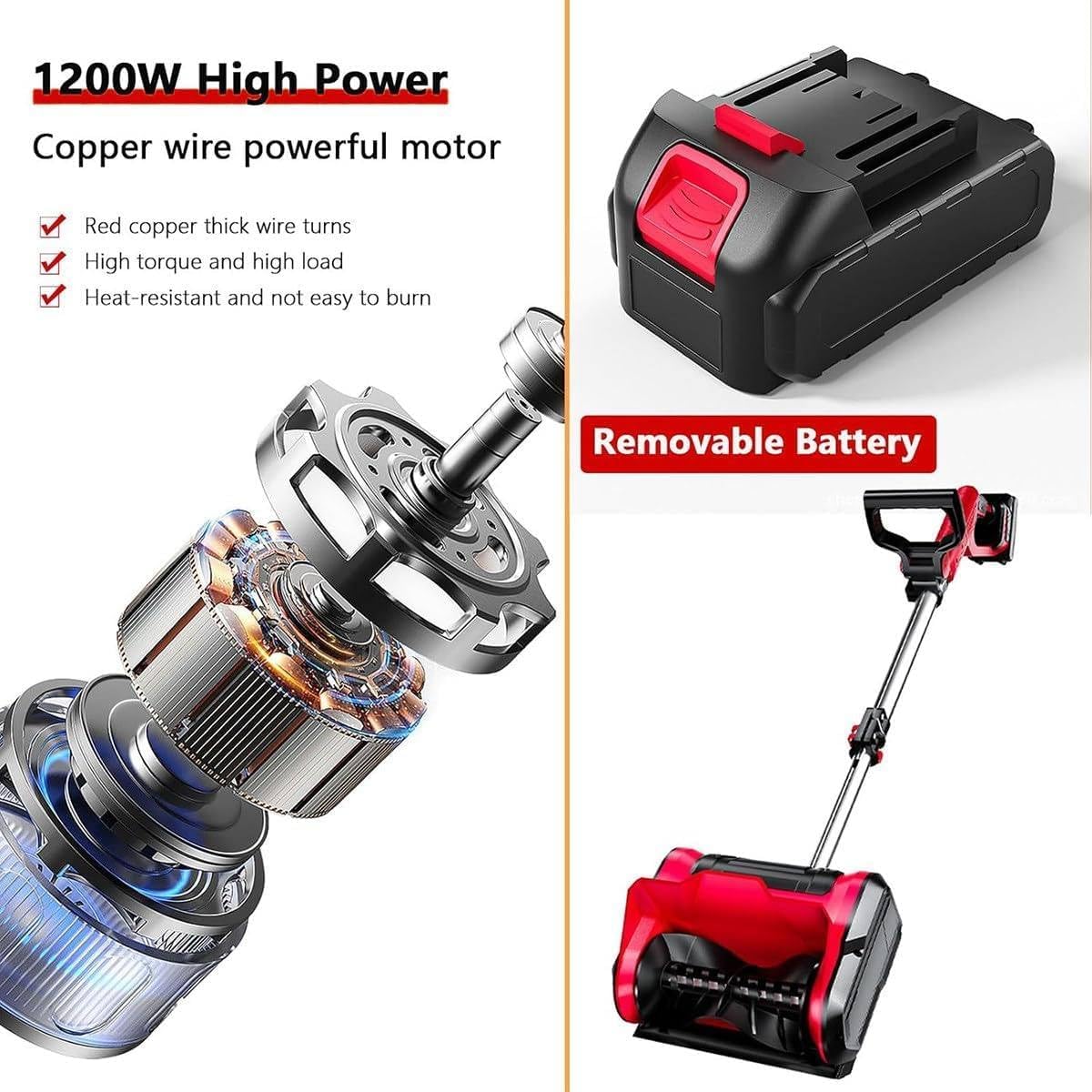 Odśnieżarka 1200 W, bezprzewodowa odśnieżarka do akumulatora 20 V, regulowany kierunek pług śnieżny, z szerokością czyszczenia 32 cm, wysokość czyszczenia 16 cm,