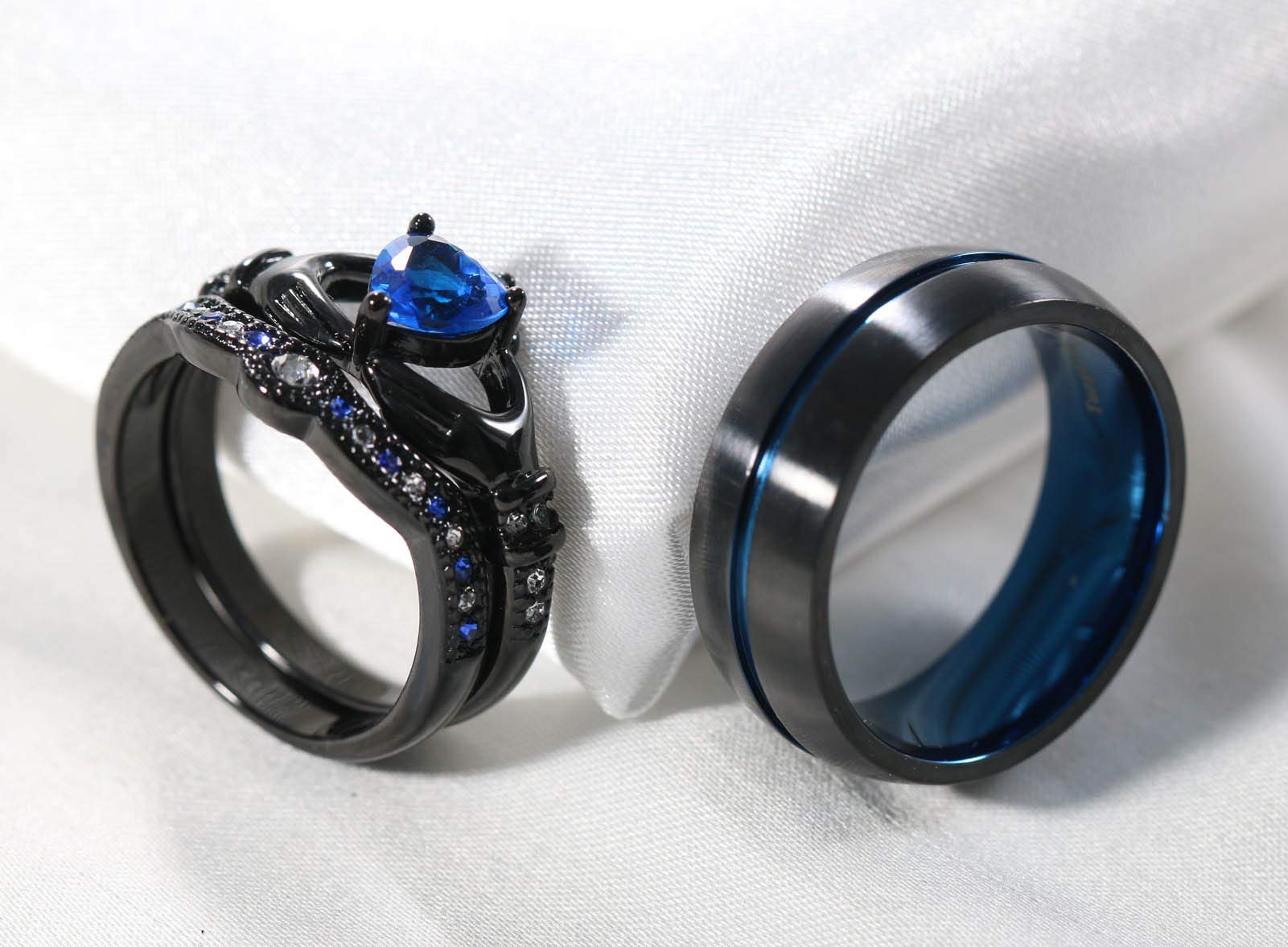 Ringcrown Couple Rings – Women's Heart Blue CZ Claddagh Ring & Men's Black Tungsten Wedding Band Set