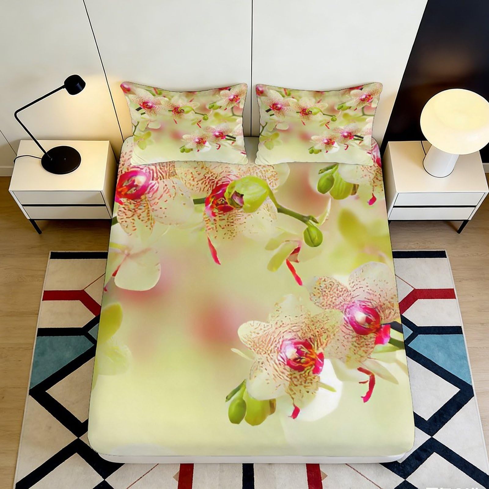 3D Printed Orchid Blossom Fitted Sheet Microfiber Soft Breathable Floral Bed Cover for Bedroom Dorm Mattress Protection Decor 90x200x25cm