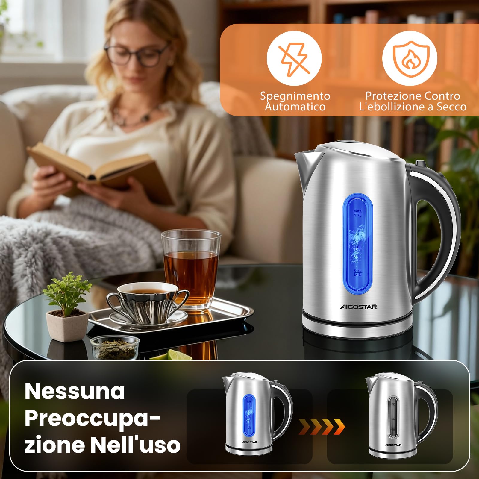 Aigostar Bollitore Elettrico Acciaio Inox 1,7 Litri - Bollitura Rapida Bollitore Acqua Elettrico 2200W, illuminazione a LED per il Livello Dell'acqua, Senza BPA, Con Filtro, Spegnimento Automatico