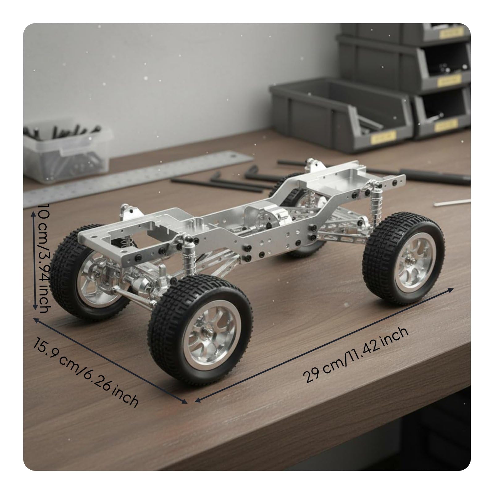 Telaio Elettrico Auto RC Kit Telaio Alluminio Ruote Assemblate Rialzati Ingranaggi Ferro Sospensioni Adatto per Modellismo Appassionato Hobby Personalizzato Percorsi Impegnativi, Argento