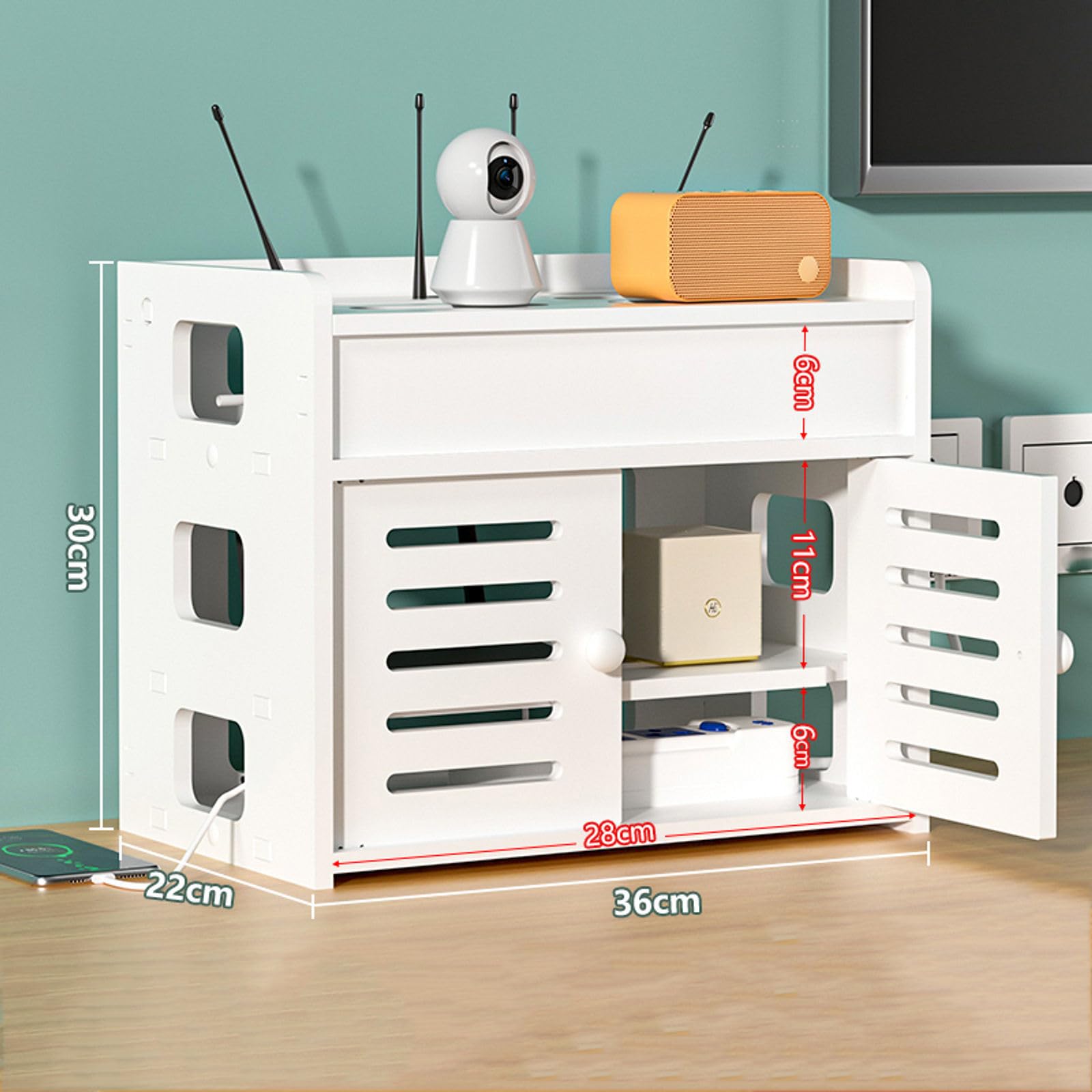 Caja de almacenamiento para enrutador WiFi, estante de madera de 2 capas con puerta de armario, regleta decorativa y caja oculta de gestión de cables para organización de escritorio