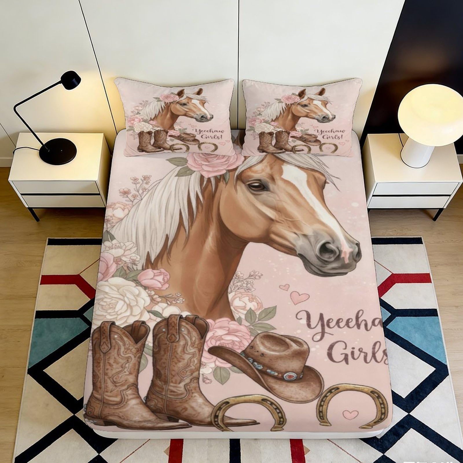 3D Printed Western Horse Fitted Sheet Microfiber Pink Floral Cowgirl Bed Cover for Bedroom Guest Room Decor 90x200x25cm