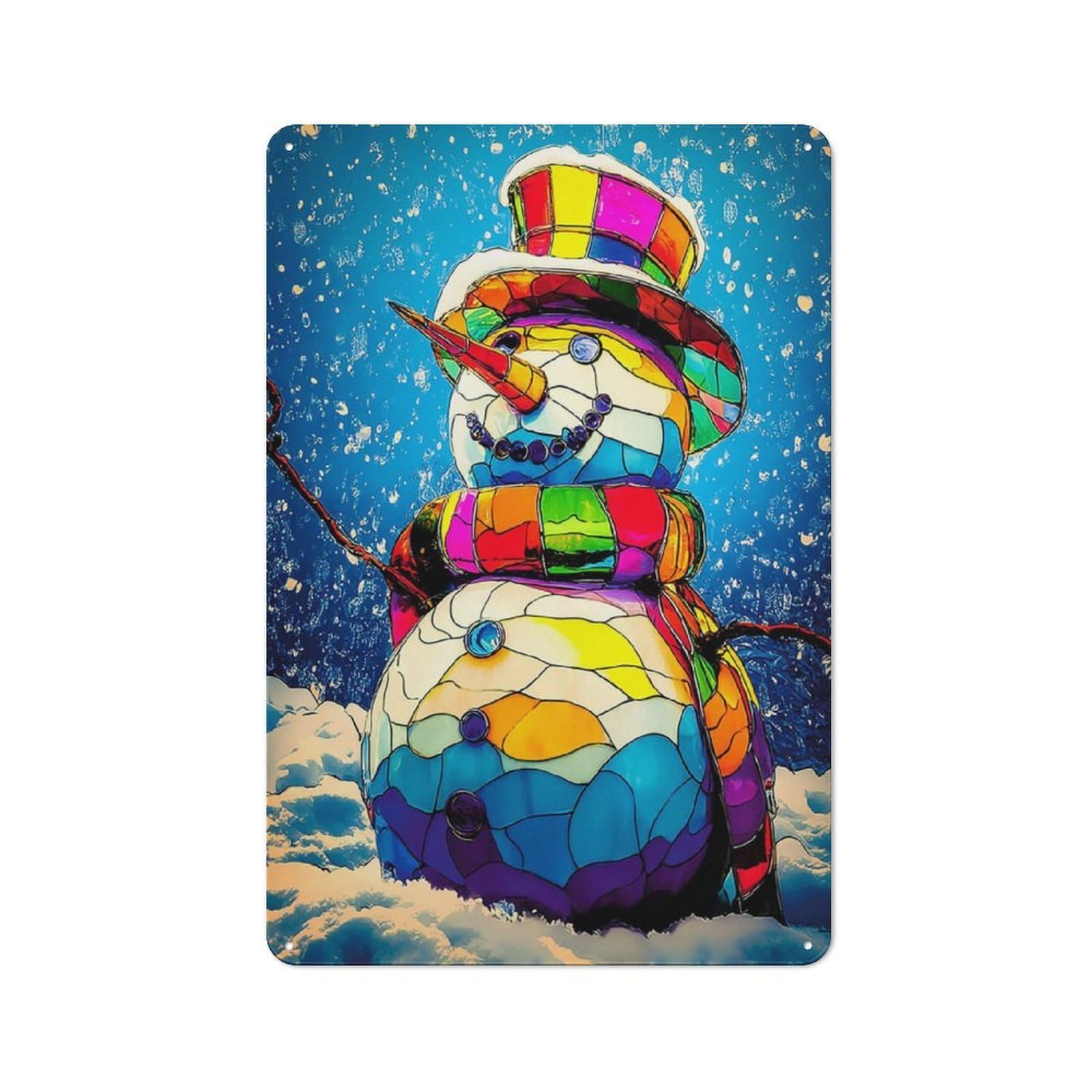Junmoney Colorful Stained Glass Snowman Tin Wall Plaque 30X20cm With For Kitchen Or Home Bar, A Christmas Gift For People Styling Kitchen And Home Bar