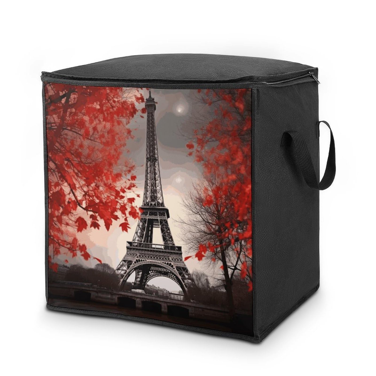 Eiffel Tower Autumn Leaves Storage Bags Comforter Quilt Blanket Clothes with Zipper & Handles Easy to Fit King Size Comforter Set Closet Under Bed Organizer for Dorm Pillows Bedding 70L