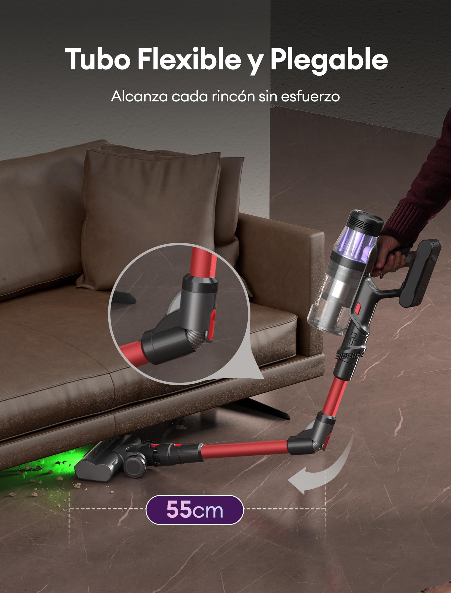 Ultenic Aspiradora sin Cable 55Kpa/60Min, Pantalla LED Muestra Batería Restante en Minutos, Escoba Aspiradora Antienredo con Tubo Articulado, Limpia el Fondo de los Muebles sin Agacharse