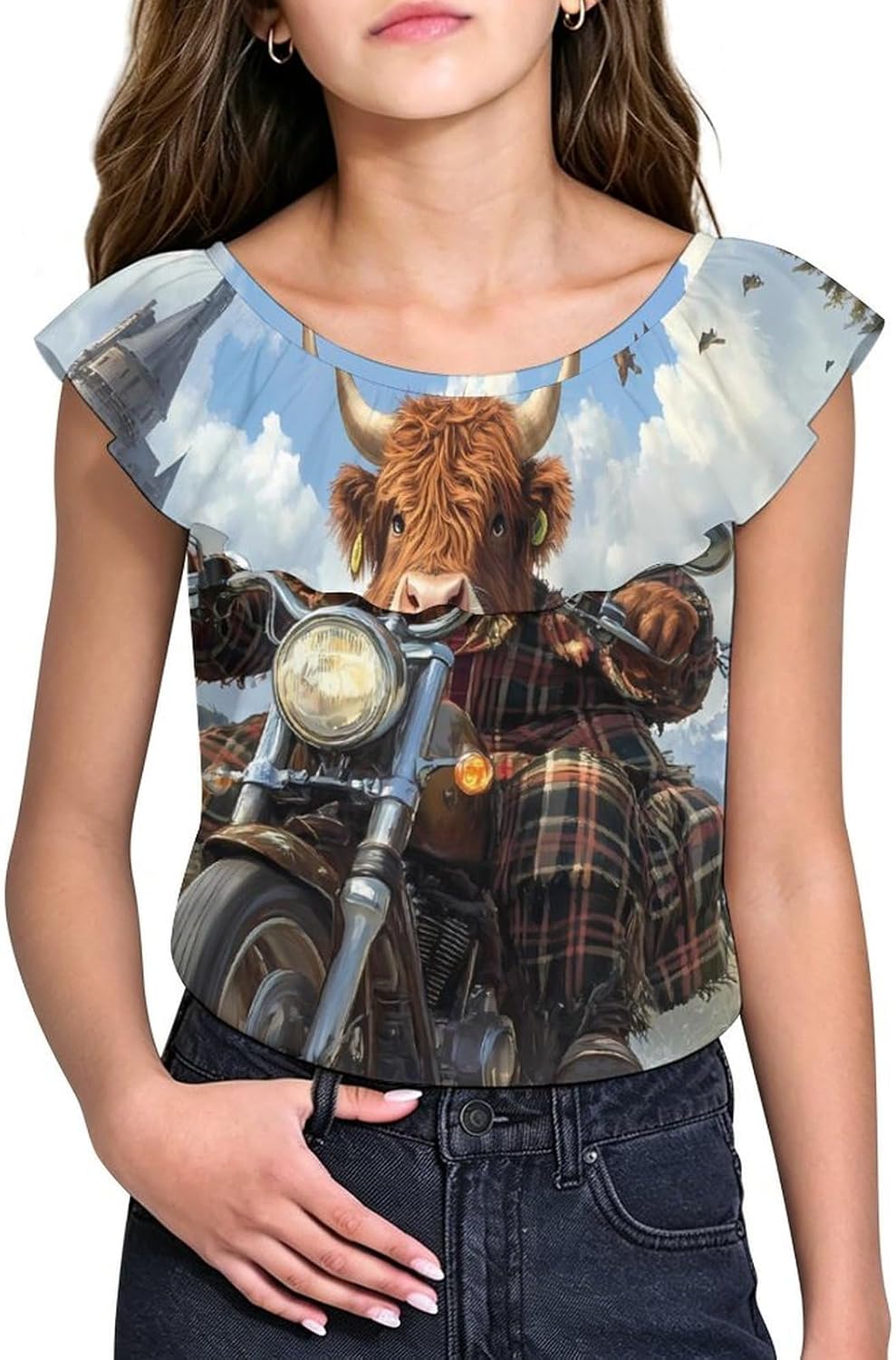 Scottish Highland Cow Motorcycle Rider Girls T-Shirts Top Ruffle Short Sleeve Blouse Casual Graphic Tees