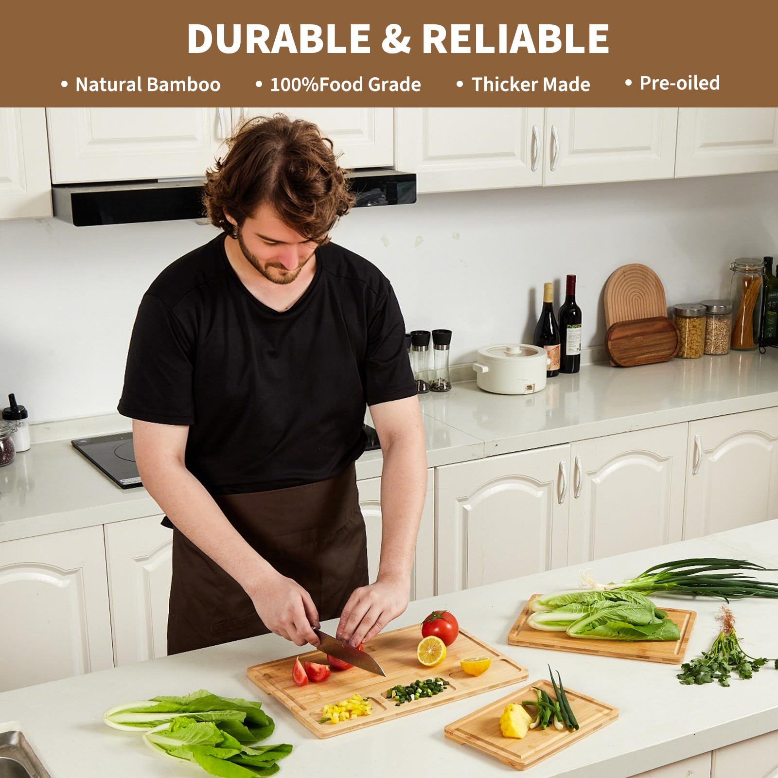 Garvee Set de 3 tablas de cortar de bambú natural para cocina – Con ranuras profundas, asas integradas y compartimentos – Resistentes, ideales para carne, verduras, frutas y queso – Perfectas para