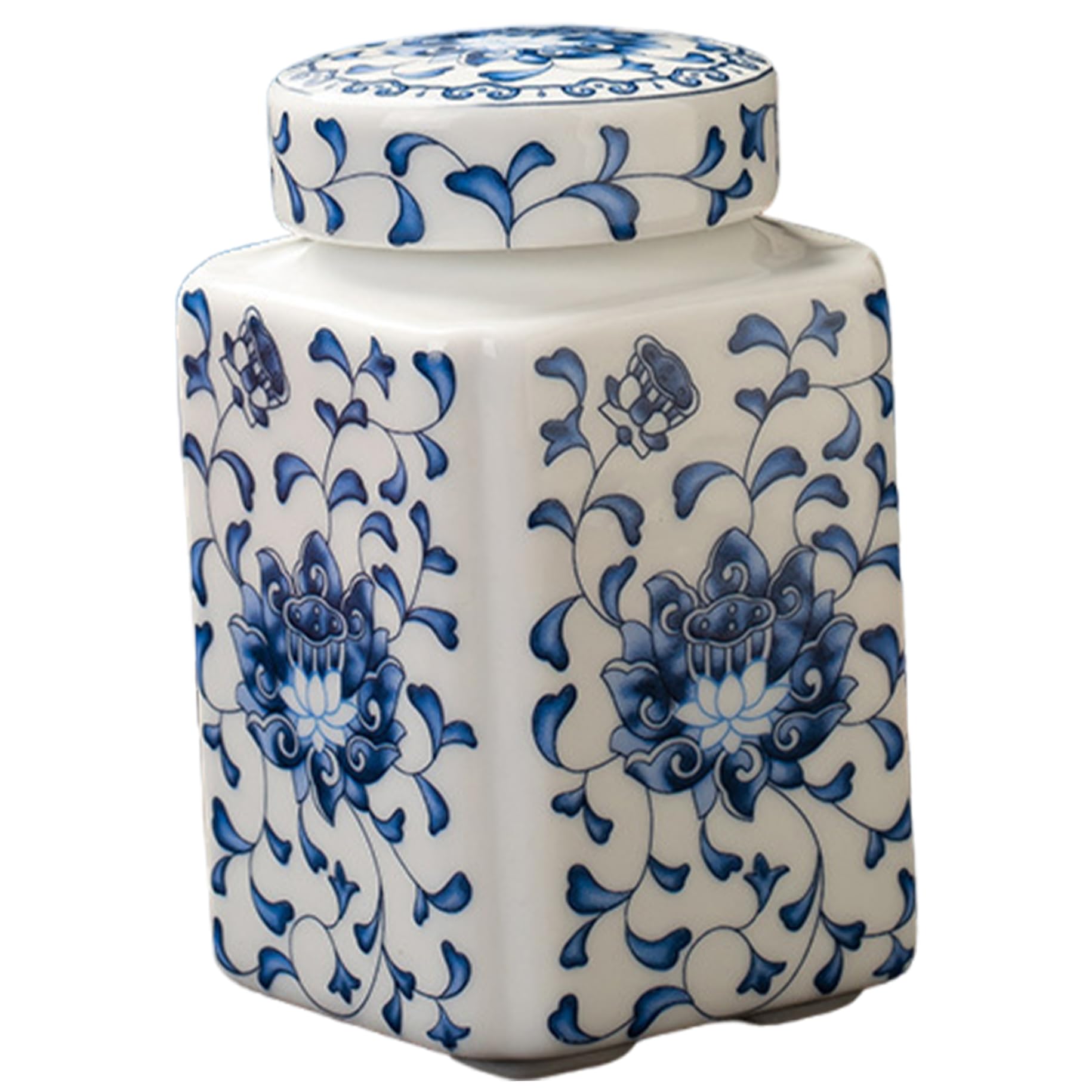Blue and White Ginger Jars, 200ml Ceramic Ginger Jar with Leakproof Lid, Square Chinoiserie Vase for Home Decor, Flower Display and Tea Storage Ceramic Jar