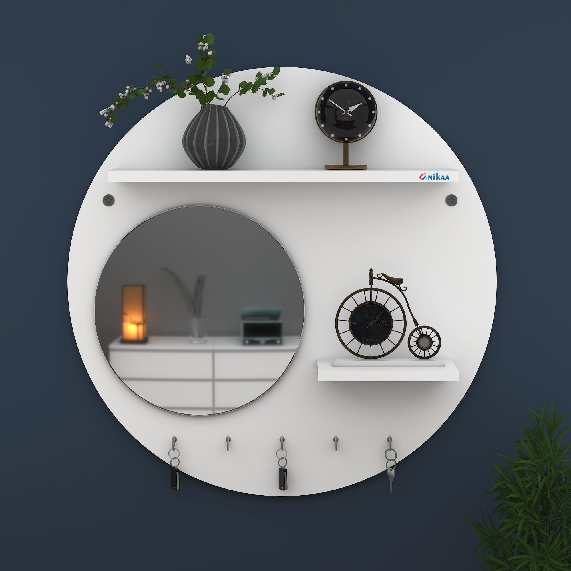 Anikaa Orbit Multipurpose Key Holder with Mirror & Shelf – Stylish Wooden Key Hanger for Wall, Home Decor & Living Room Decoration | Key Stand & Key Chain Holder for Home- (White)