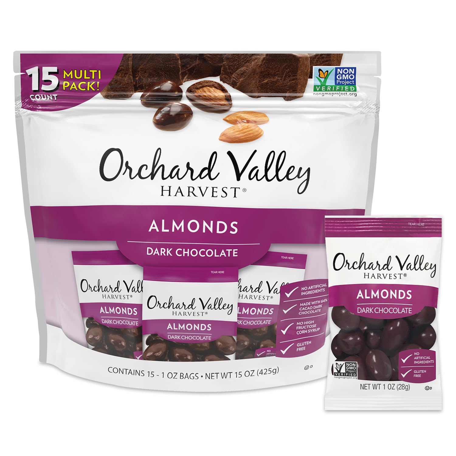 Orchard Valley Harvest Dark Chocolate Almonds, 1 Ounce Bags (Pack of 15), Gluten Free, Non-GMO, No Artificial Ingredients