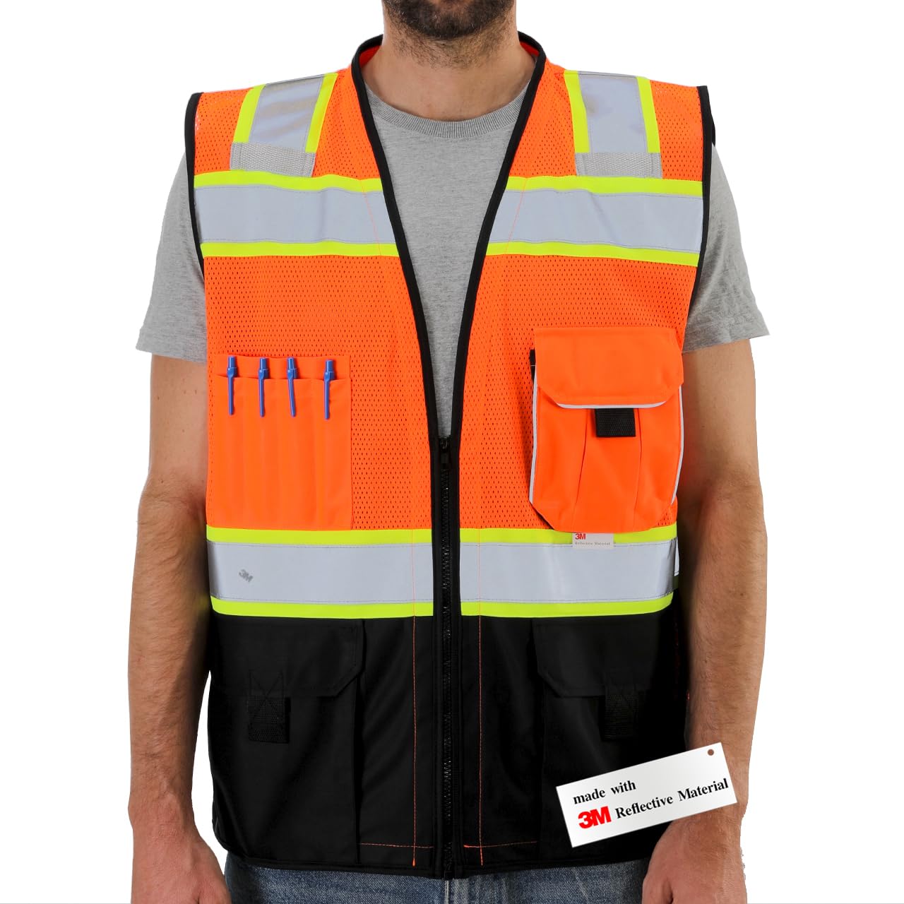 Dib Safety Vest Reflective with Pockets and Zipper, High Visibility Mesh ANSI Class 2, Made with 3M Reflective Tape, Orange and Black 2XL