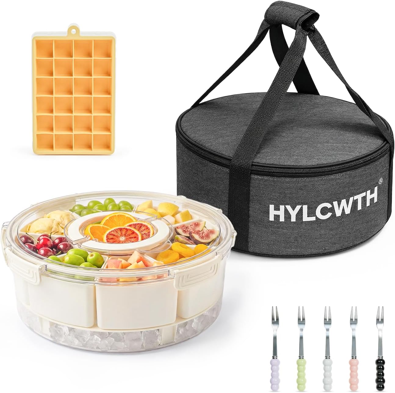 Divided Serving Tray with Lid and Handle, Rounded Snackle Box with 6 Compartments and Chill Base for Fruits, Candy, Veggie, Travel Snack Container with Portable Insulated Bag & Ice Cube Tray & 5 Forks