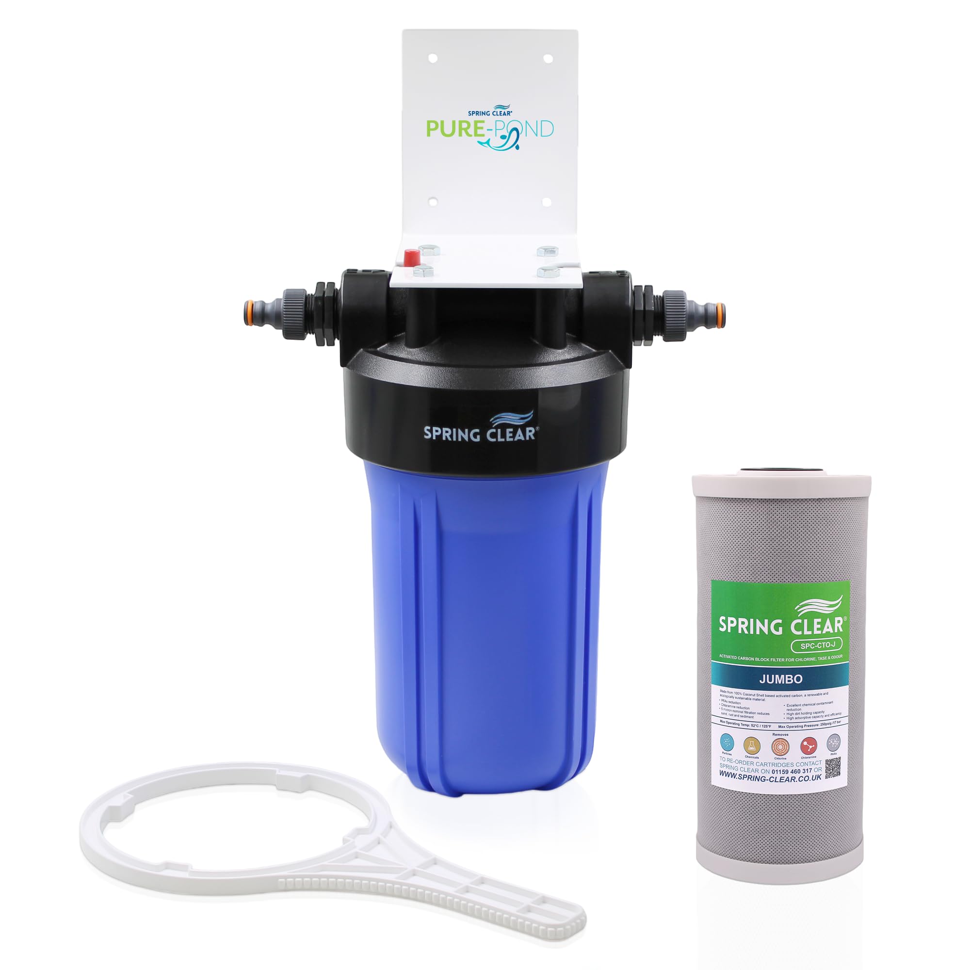 Spring Clear Pure Pond - Sistema di filtraggio dell'acqua ad alta capacità per laghetti, riduce cloro, sostanze chimiche e PHA, porte standard da 2,5 cm, include chiave, staffa e raccordi per tubi