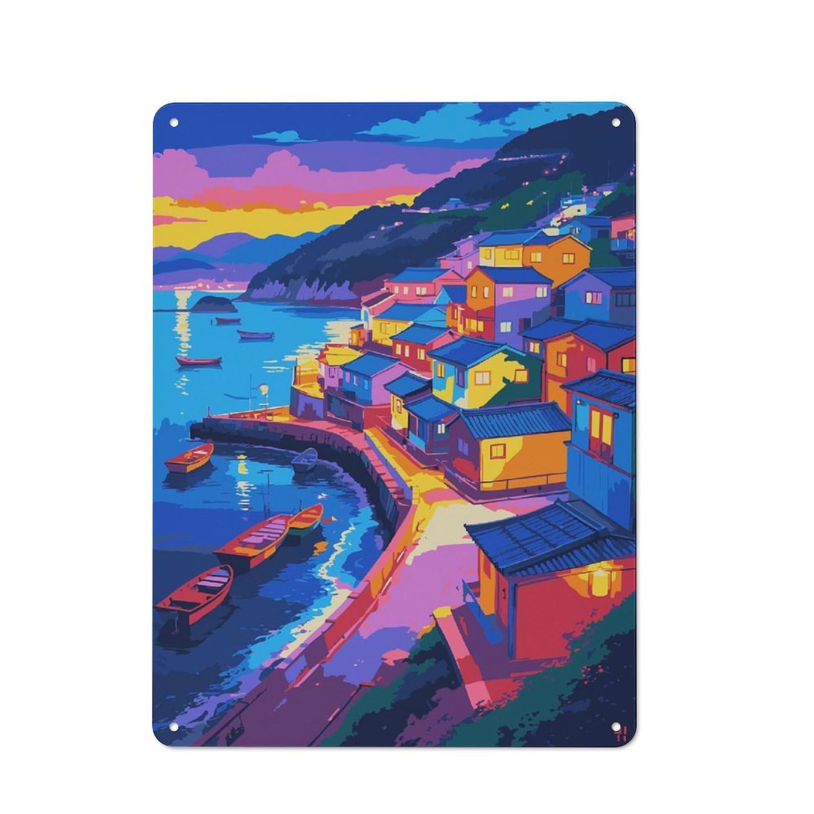 Junmoney Style-24 Tin Wall Plaque 40X30cm With Colorful Coastal Village At Sunset For Hallway Wall, A Decorative Metal Sign For Hallways And Entrance Areas