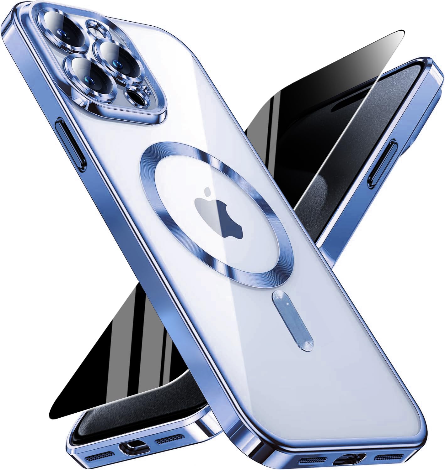 Magnetic for iPhone 15 Pro Max Case with Privacy Screen Protector &amp; Full Camera Cover,[Non-Yellowing] Plating Glossy Soft Shockproof Clear Phone Case with MagSafe Women Girls for 15 ProMax,Blue