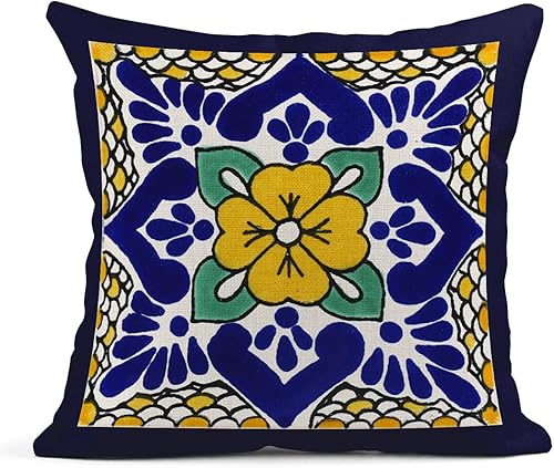 Miniatura 10 de Semtomn Juego de 4 fundas de almohada de lino Talavera Española Geometría Exótica Oscuro Retro Étnica Decoración para el Hogar 16 x 16 pulgadas,