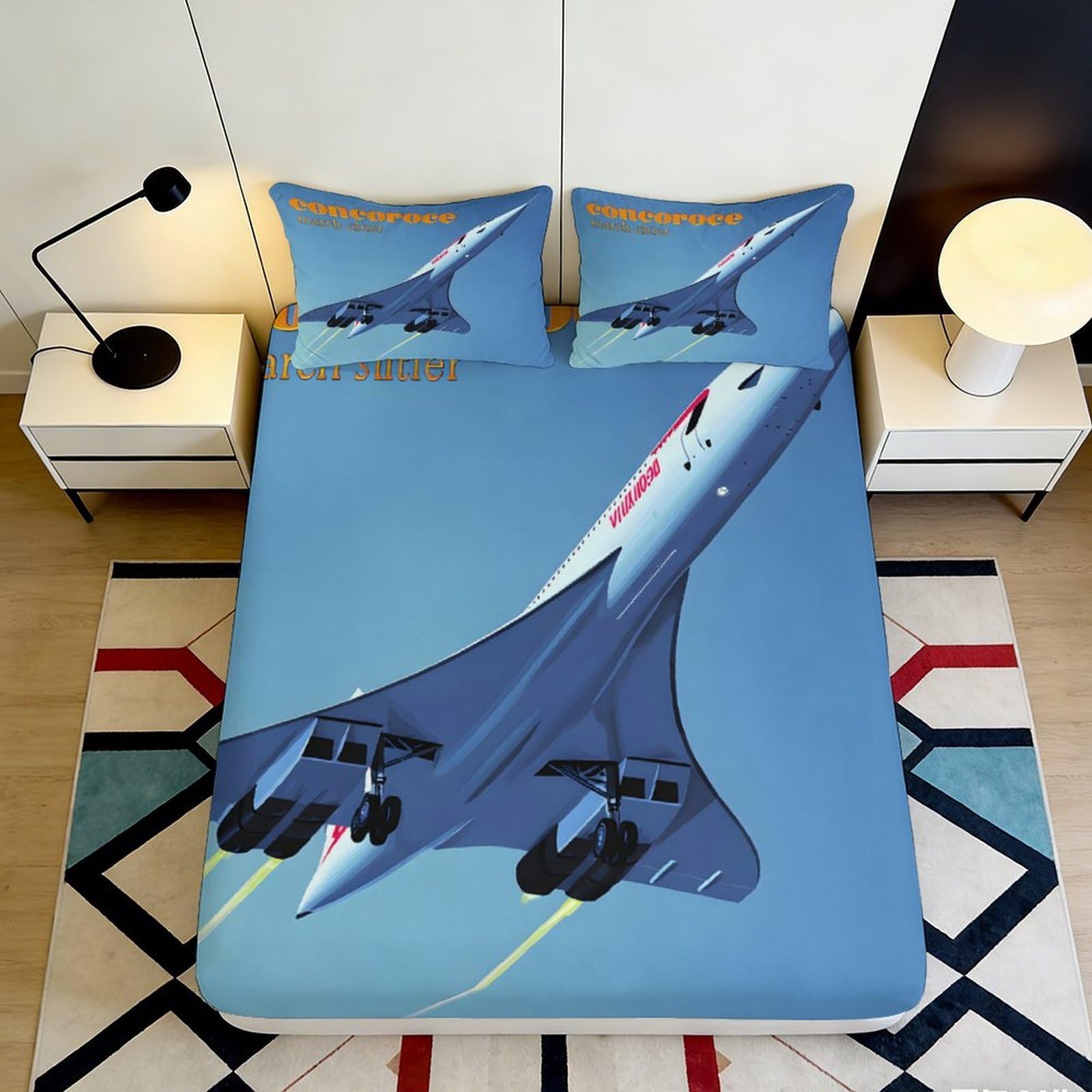 3D Printed Concorde Airplane Fitted Sheet Microfiber Soft Breathable Jet Aircraft Bed Sheet for Bedroom Dormitory Guest Room Mattress Protection Decor 120x200x25cm