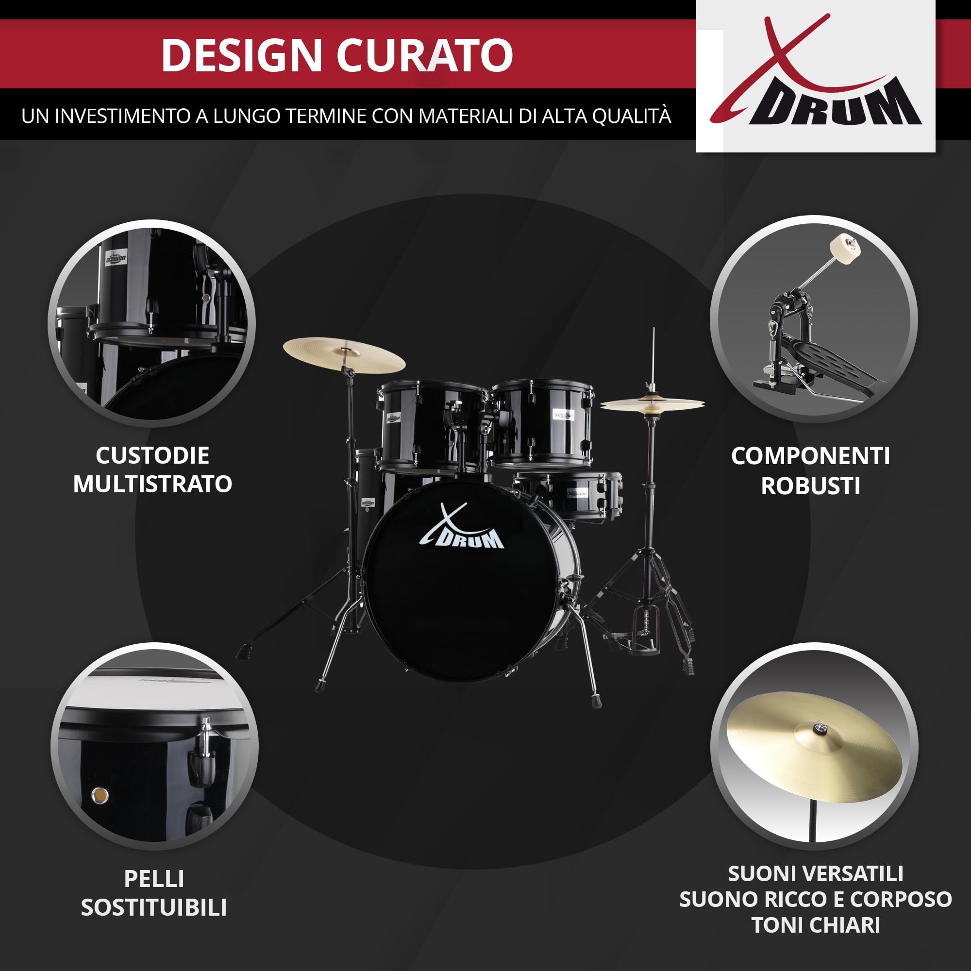 XDrum Rookie 22" Standard Batteria Completa Black - Ideale per Principianti - Hardware Elegante in nero - Incl. Bacchette 5B, Istruzioni di Montaggio e Scuola di Batteria - Nero