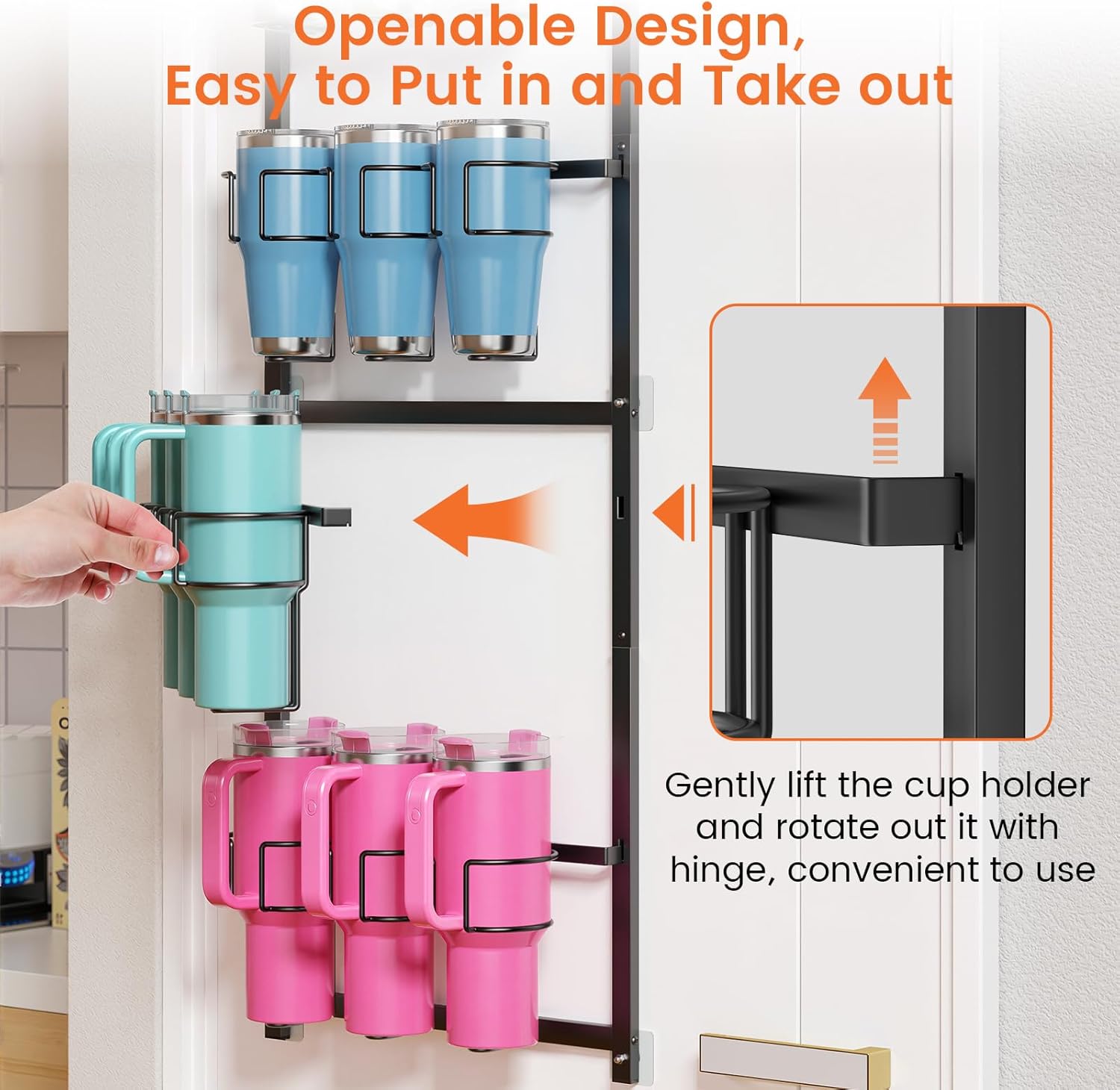 Housolution Water Bottle Organizer, 4 Tier Heavy Duty Metal Tumbler Storage Organizer for 10 to 40 oz Cups, Wall/Door Mounted Hanging Cup Holder Rack Compatible with Stanley and Other Brands - Image 3