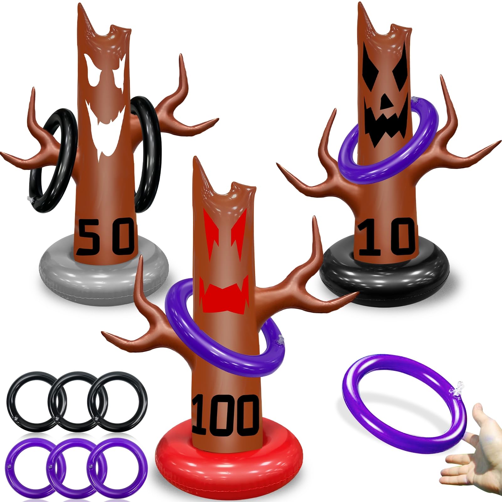 9 Piece Giant Dead Tree Ring Toss Inflatable Halloween Party Games Kids Adult Indoor Outdoor Carnival Family Party Games Decorations Dead Tree Toys Halloween School Party Favors (3 Dead Tree, 6 Rings)