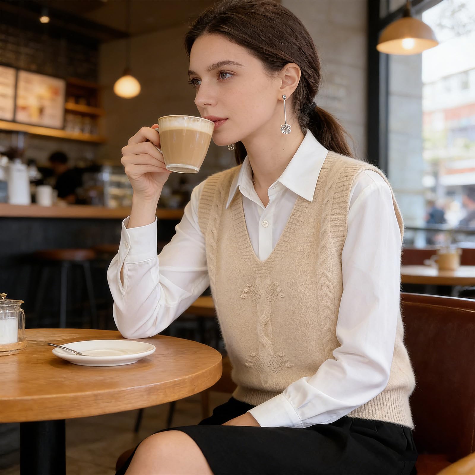 YonYeHong Verser De Pull pour Femmes V-Collier en Tricot Tricoté Jacquard Pulloir Pull sans Manches Lâches