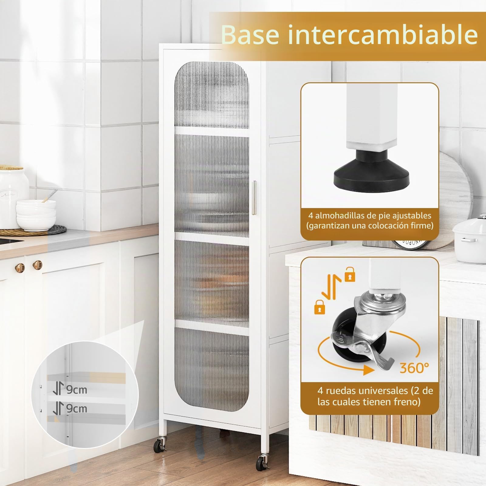 KOMFOTTEU Estantería de Cocina de 5 Niveles de Acero, Armario de Cocina con Ruedas con Estantes Ajustables y Puerta Transparente, Mueble Buffet para Comedor, Salón, 45 x 40 x 141 cm (Blanco)