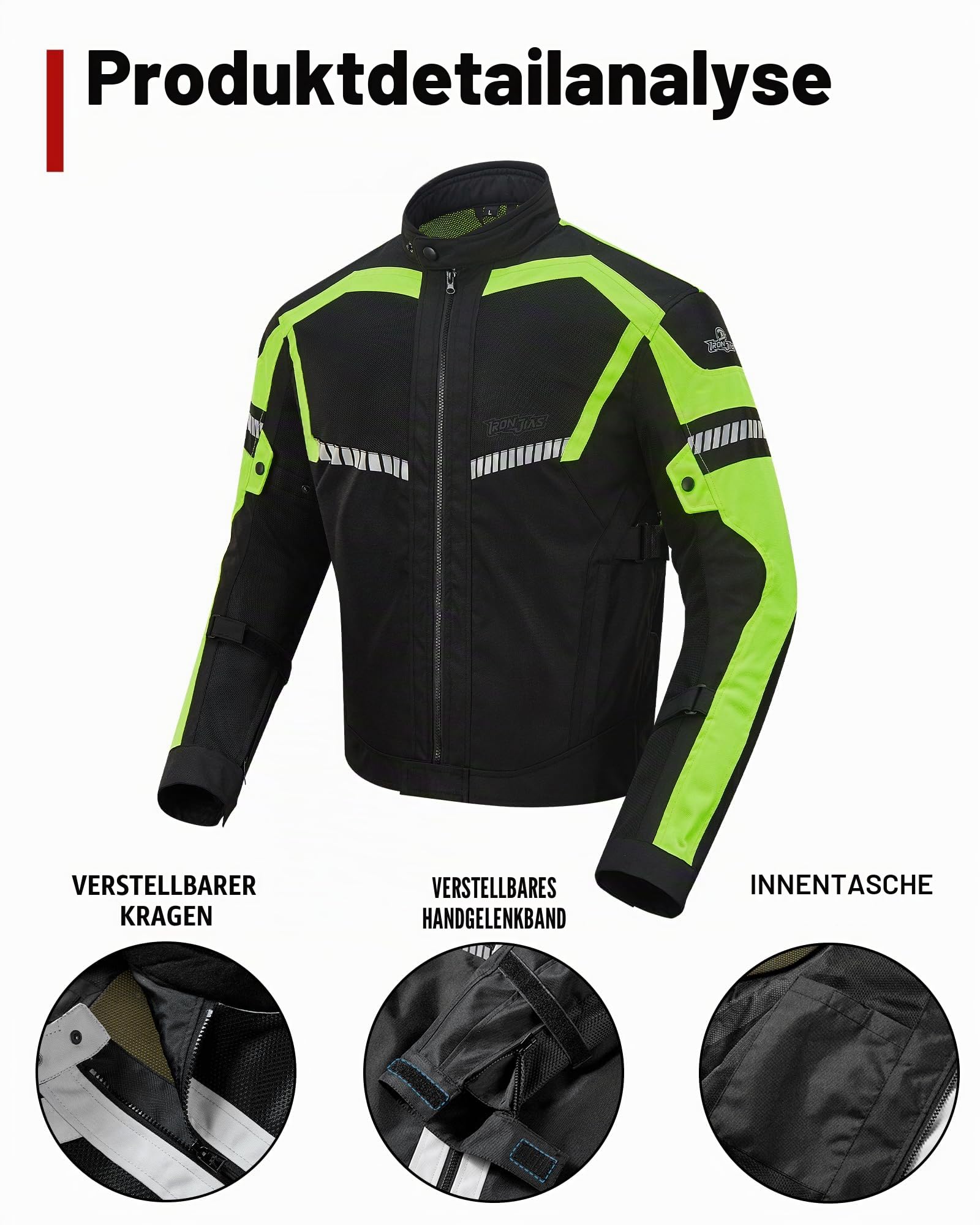 BORLENI Motorradjacke Sommer Herren Motorrad jacken Atmungsaktiver Panzerschutz Hochglanz Reflektierend Grün XL