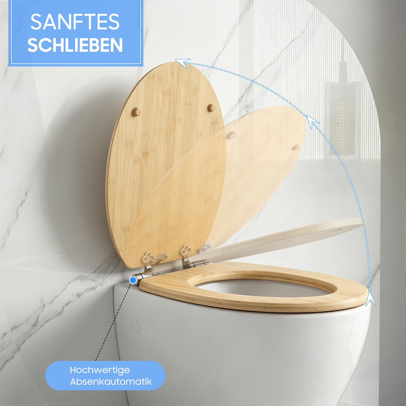 sanicomfort Asiento de inodoro de bambú con dispositivo de descenso automático para un cierre silencioso, cómodo y cálido, tapa de bambú macizo, soporta hasta 150 kg