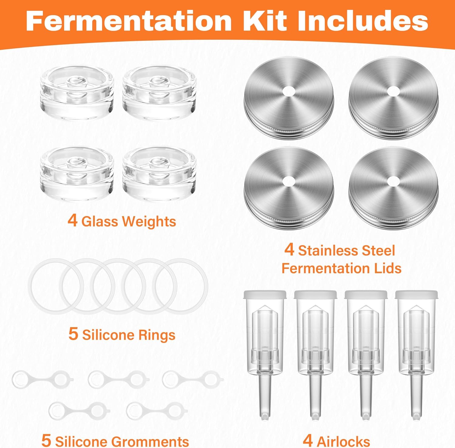 Fermentation Kit Set for Wide Mouth Mason Jar,Sauerkraut/Pickling Kit with 4 Glass Fermentation Weights,4 Fermenting Lids,4 Airlocks,5 Silicone Gaskets,5 Silicone Grommets(No Jars) - Image 5