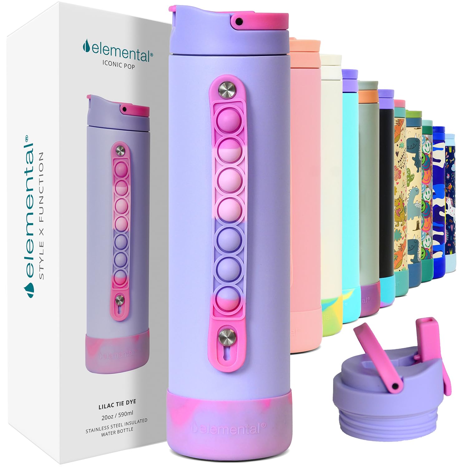 Elemental Iconic 20oz Kids Insulated Water Bottle w/Straw &amp; Pop-It Handle