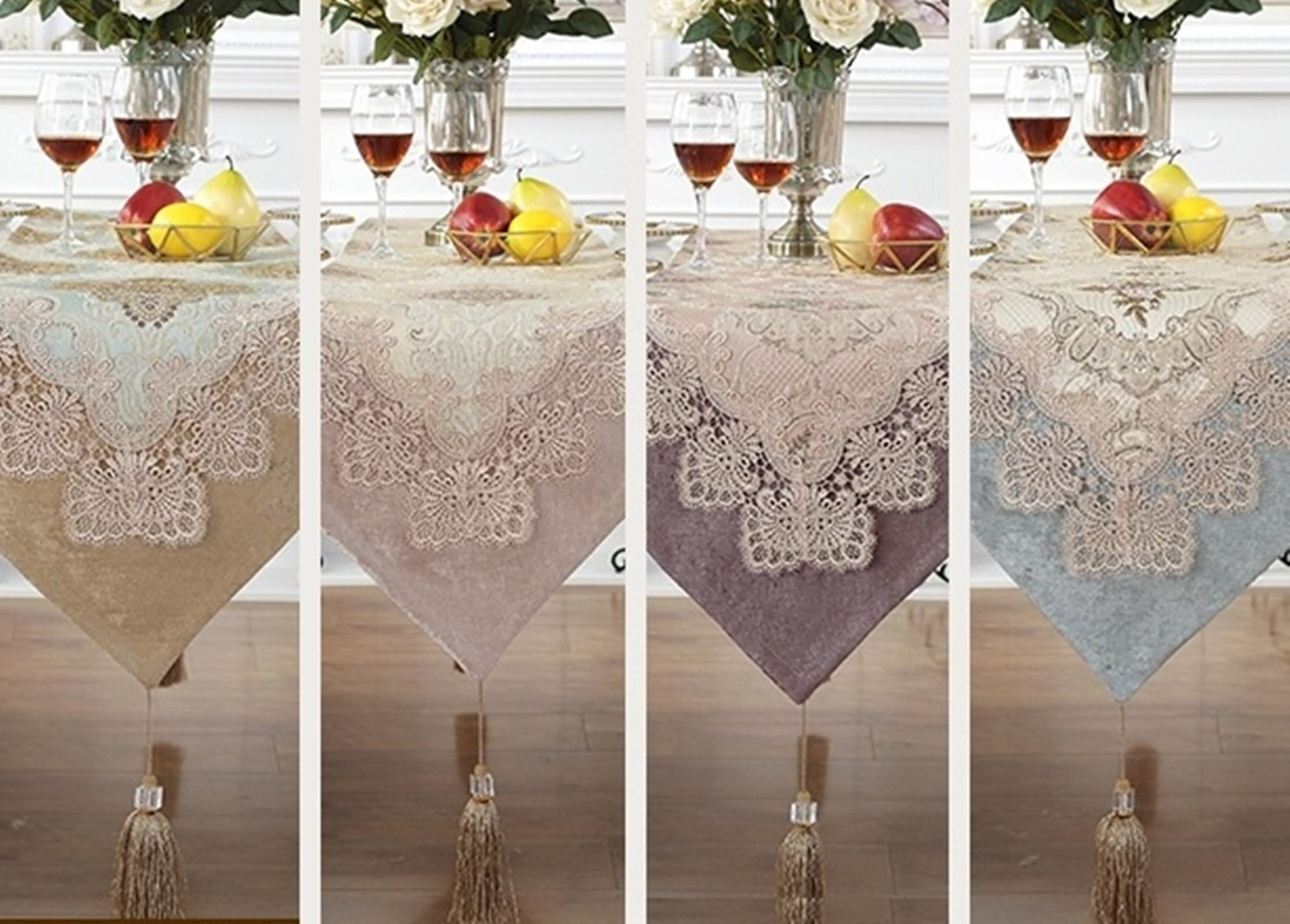 Camino de Mesa Navidad, Decoracion de Mesa Comedor Patrón de Bordado de Encaje Triangular con Flecos Dorado Poliéster 33x270CM