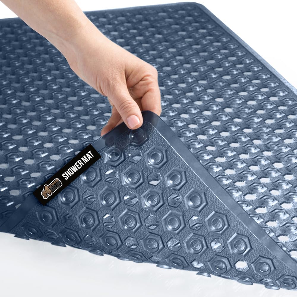 Gorilla Grip Original Patented Bath, Shower Tub Mat, 35x16, Many Colors, Washable, Antibacterial, BPA, Latex, Phthalate Free, XL Size Bathroom Bathtub Mats, Drain Holes, Suction Cups, Navy Blue
