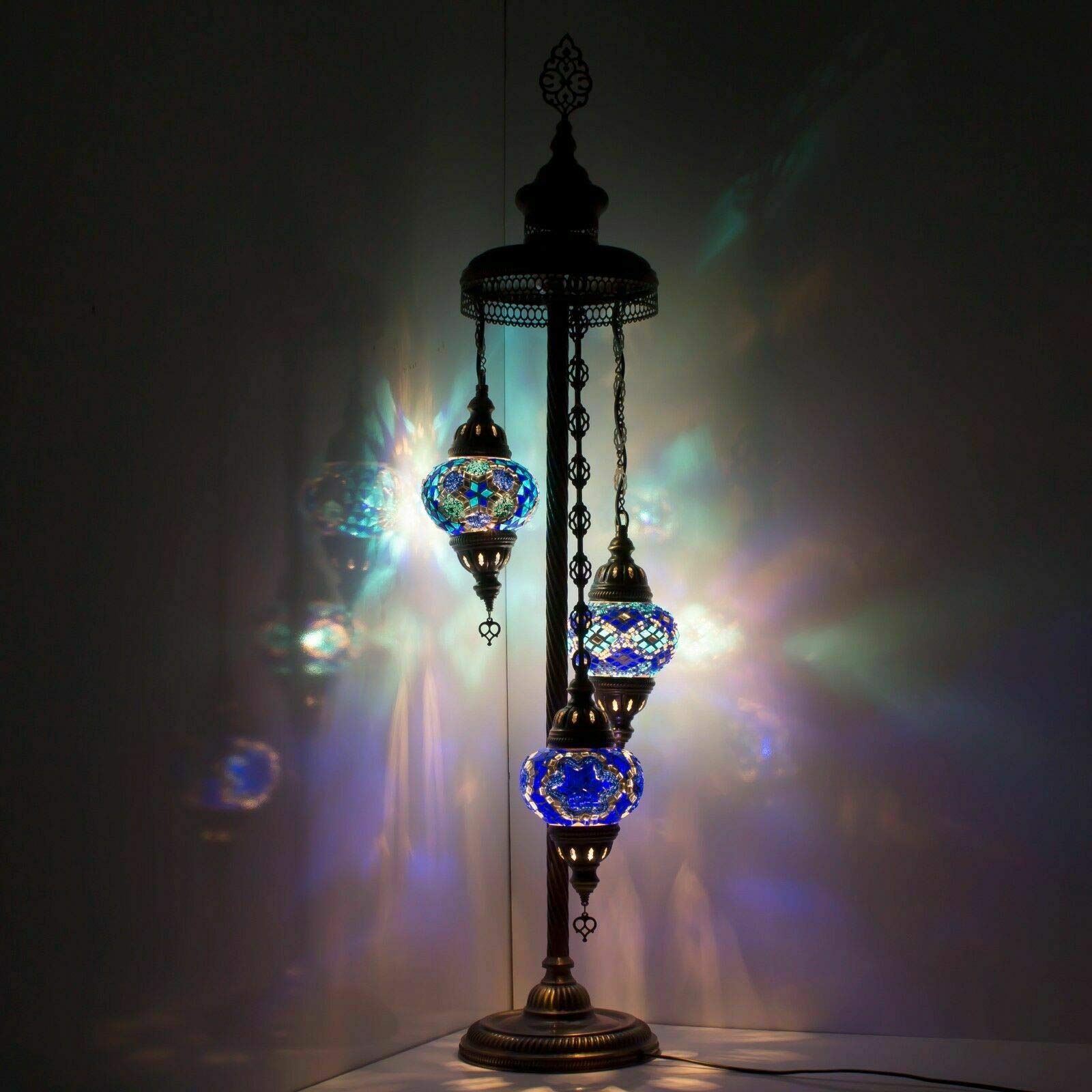 ENVA Turkish Moroccan Mosaic Floor Lamp Light, Handmade Glass Mosaic Multicolour Tiffany Floor Lamp Light 3 Medium Globe-with LED Bulb