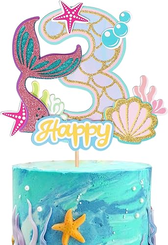 1 paquete de decoración de pastel de sirena para tercer cumpleaños, decoración de pastel de sirena para niños de tercer cumpleaños, baby shower,