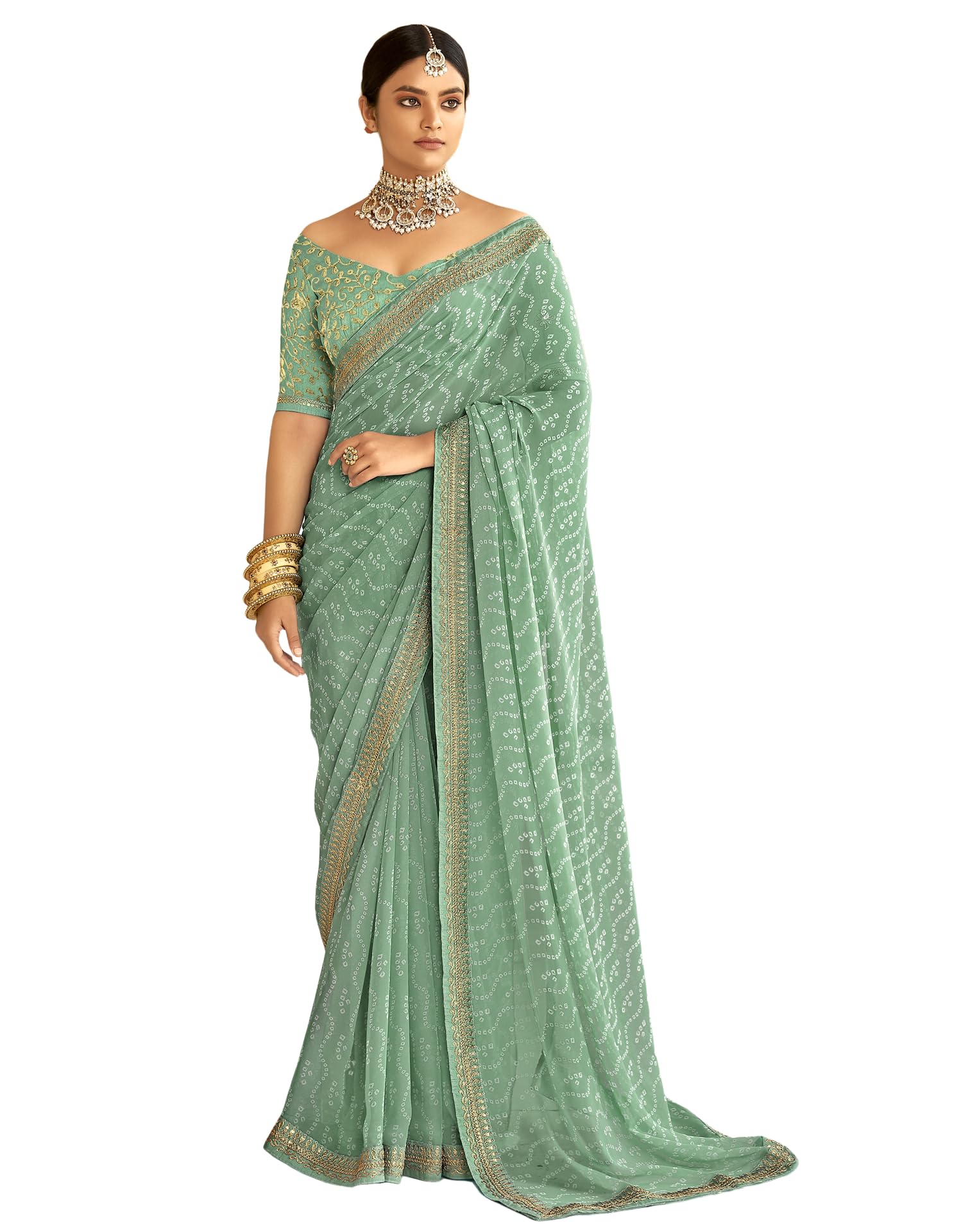 SIRILBandhani Printed Lace Boarder Georgette Saree With Unstitched Blouse Piece